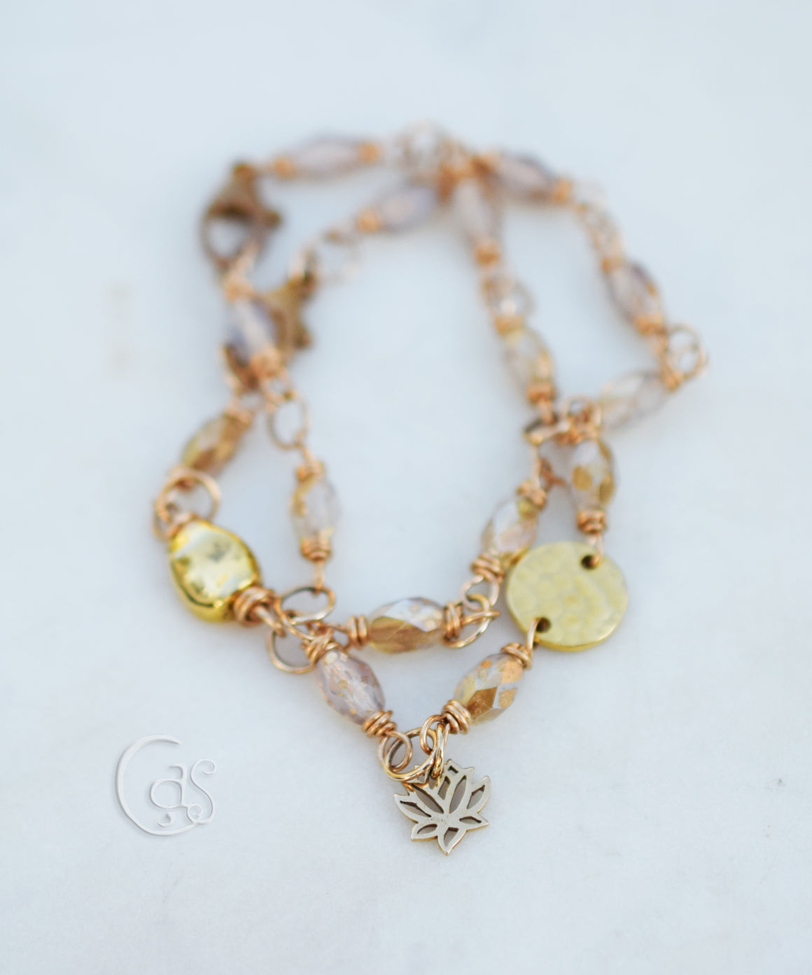 Gold Beaded Bracelet. Milky Moonstone Golden Glass Lotus Charm Golden Sun