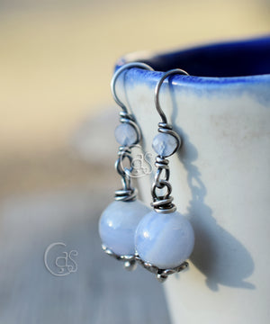 Blue Lace Gemstone Earrings Solid Silver Handcrafted Jewelry. Periwinkle Agate Stone Earrings.