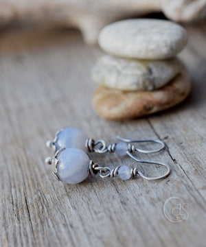 Blue Lace Gemstone Earrings Solid Silver Handcrafted Jewelry. Periwinkle Agate Stone Earrings.