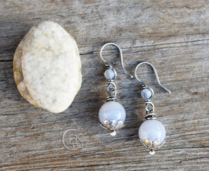 Blue Lace Gemstone Earrings Solid Silver Handcrafted Jewelry. Periwinkle Agate Stone Earrings.