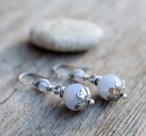 Blue Lace Gemstone Earrings Solid Silver Handcrafted Jewelry. Periwinkle Agate Stone Earrings.