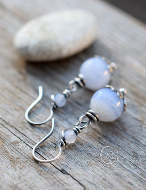 Blue Lace Gemstone Earrings Solid Silver Handcrafted Jewelry. Periwinkle Agate Stone Earrings.