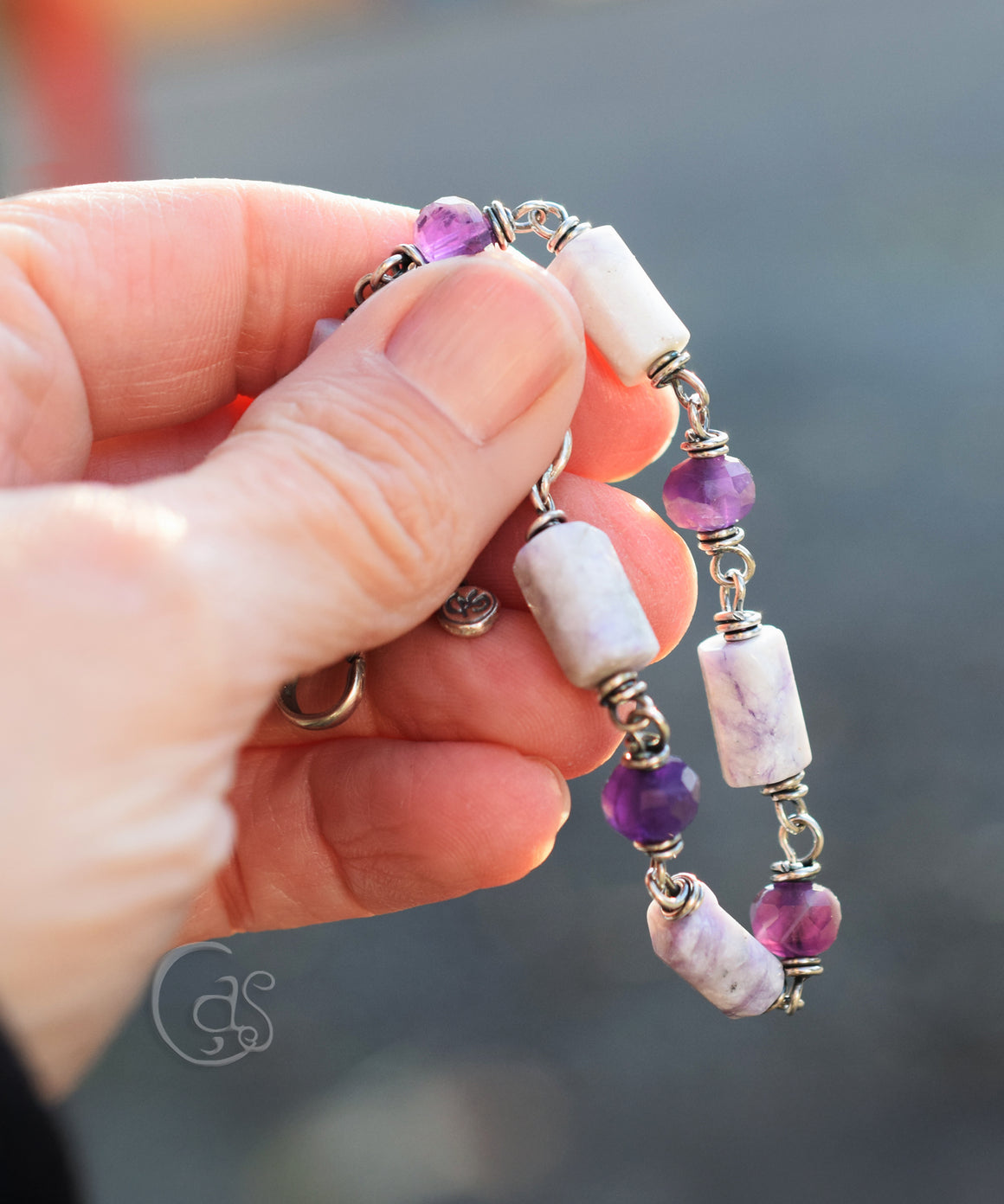 Amethyst Gemstone Beaded Bracelet Purple Jasper Stone Solid Silver Jewelry