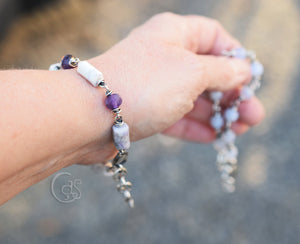 Amethyst Gemstone Beaded Bracelet Purple Jasper Stone Solid Silver Jewelry