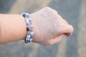 Blue Lace Agate Gemstone Bracelet. Solid Silver Beaded Chain Bracelet. Handcrafted Jewelry.