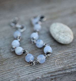 Blue Lace Agate Gemstone Bracelet. Solid Silver Beaded Chain Bracelet. Handcrafted Jewelry.