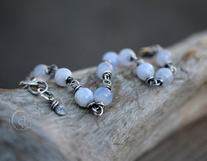 Blue Lace Agate Gemstone Bracelet. Solid Silver Beaded Chain Bracelet. Handcrafted Jewelry.