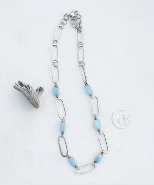 Aquamarine Raw Silver Beaded Necklace. Artisan Handcrafted Jewelry. Solid Silver Gemstone Necklace.