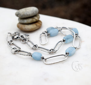 Aquamarine Raw Silver Beaded Necklace. Artisan Handcrafted Jewelry. Solid Silver Gemstone Necklace.