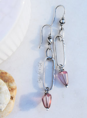 Handcrafted Pure Silver Hoops Beaded Silver Bohemian Beaded Hoop Earrings Matte Rose