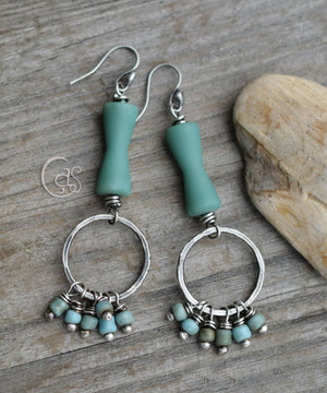 Turquoise Beaded Silver Hoop Earrings. Handcrafted Solid Silver Hoops with Turquoise Glass Dangles.