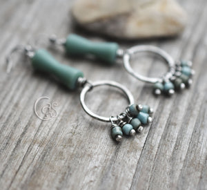 Turquoise Beaded Silver Hoop Earrings. Handcrafted Solid Silver Hoops with Turquoise Glass Dangles.