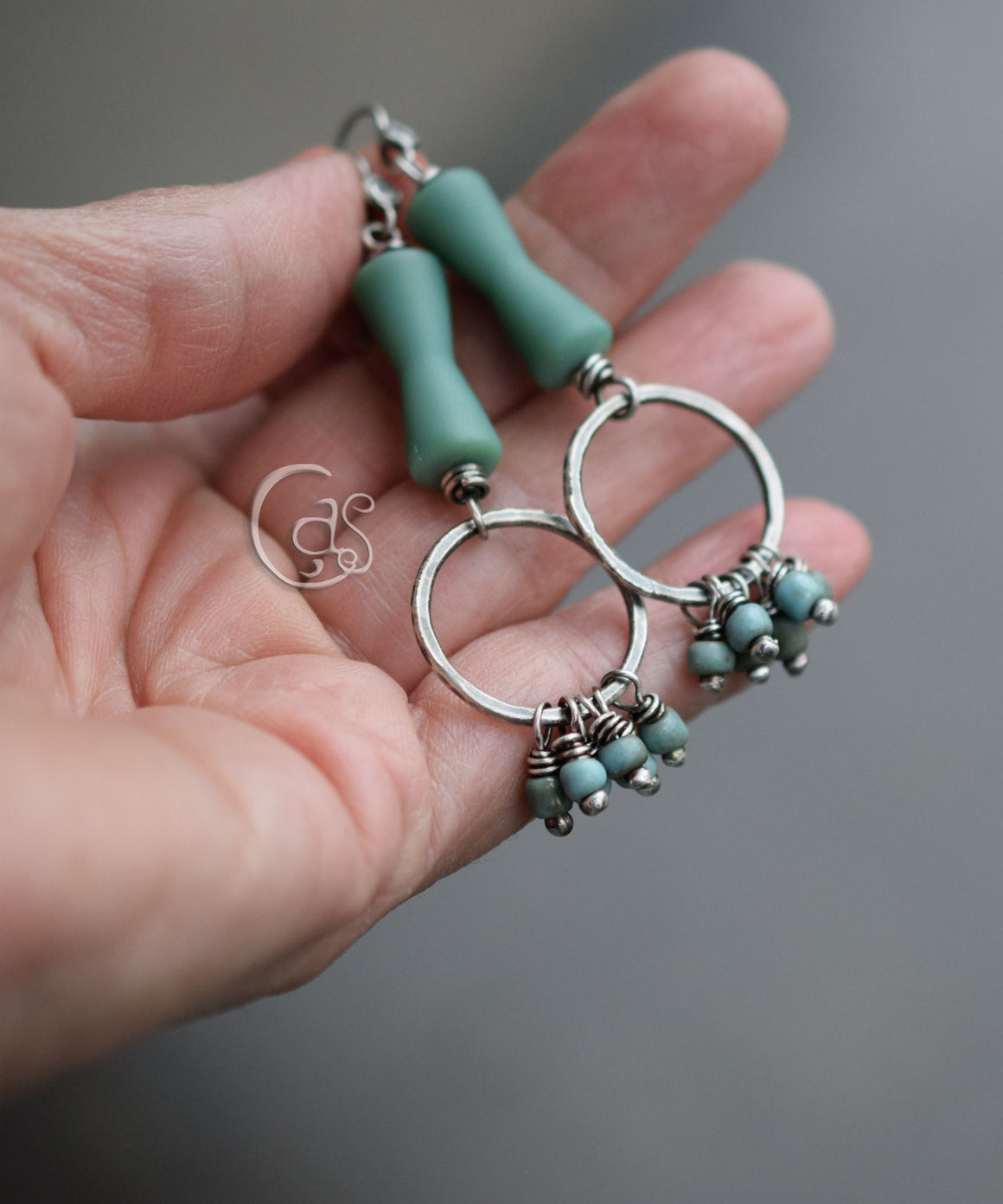 Turquoise Beaded Silver Hoop Earrings. Handcrafted Solid Silver Hoops with Turquoise Glass Dangles.