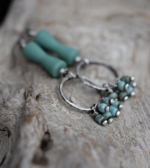 Turquoise Beaded Silver Hoop Earrings. Handcrafted Solid Silver Hoops with Turquoise Glass Dangles.