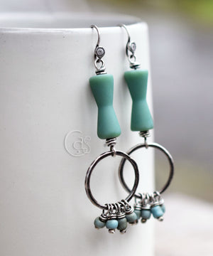 Turquoise Beaded Silver Hoop Earrings. Handcrafted Solid Silver Hoops with Turquoise Glass Dangles.