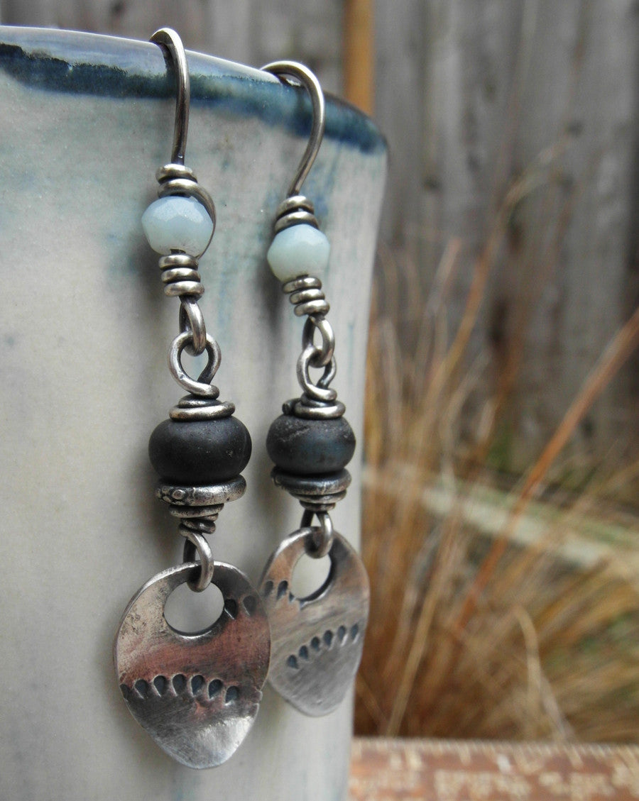 Black Gemstone earrings with Silver Nugget charms are Earthy and Rustic. 