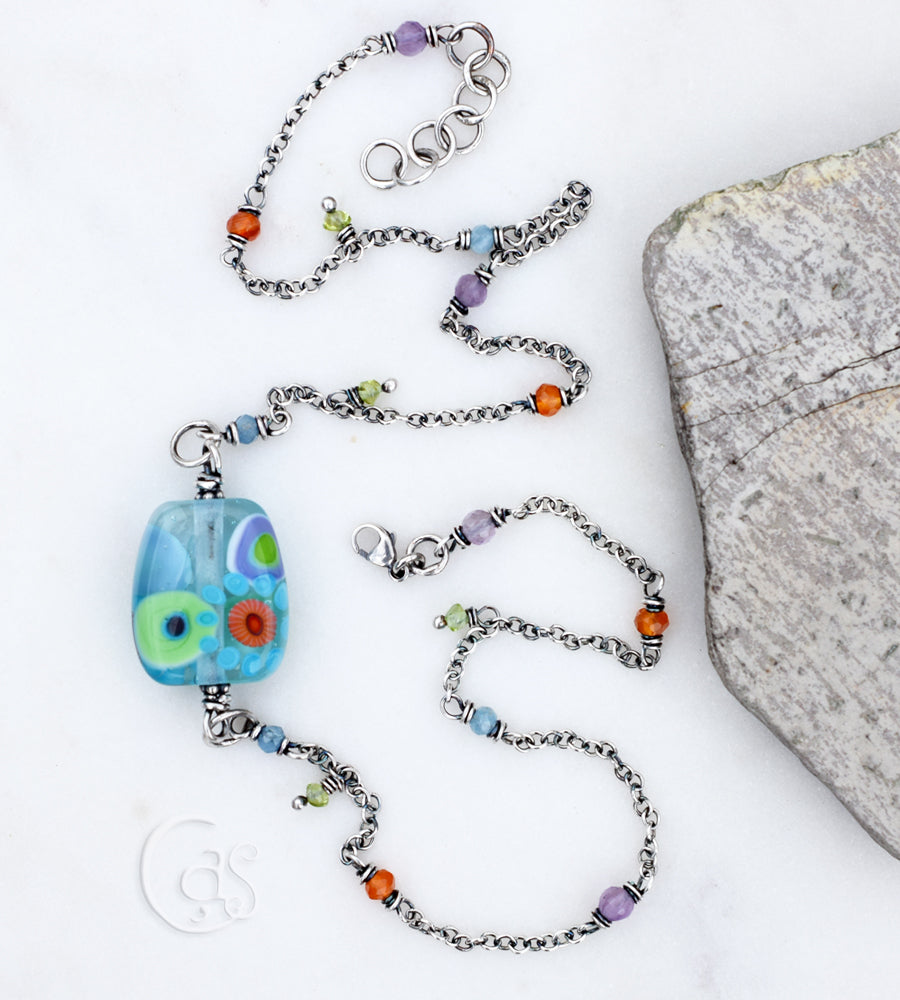 Boho Bloom. Beaded Gemstone Necklace. Artisan Lampwork Focal. Amethyst. Aquamarine. Peridot.