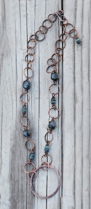 Handcrafted Chain Necklace Beaded Rusty Blue Ceramic Chain Necklace