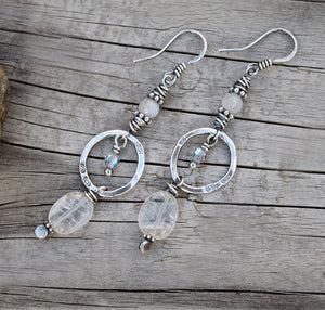 Moonstone Gemstone Earrings. The Ice Queen Crystal Hoops. 11172