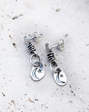 Moon and Star Earrings. Silver Post Nugget Earrings. Cindys Art and Soul Jewelry. 