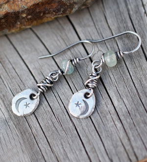 Crescent Moon and Star Earrings. Aquamarine Blue Green. Silver Nugget Earrings. Cindy's Art & Soul 4181