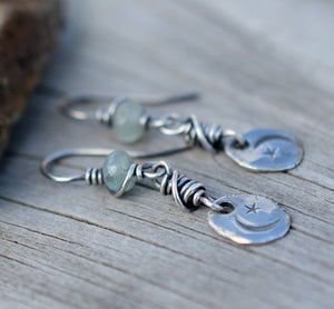 Crescent Moon and Star Earrings. Aquamarine Blue Green. Silver Nugget Earrings. Cindy's Art & Soul 4181