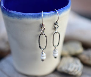 Handcrafted Small Hoop Earrings. White African Glass and Silver Hoops. All Silver Earrings.