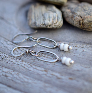 Handcrafted Small Hoop Earrings. White African Glass and Silver Hoops. All Silver Earrings.