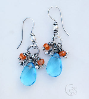 Emotion. Teal + Orange Earrings. Boho Style Fashion. Fine Silver Jewelry. 64191