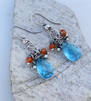 Emotion. Teal + Orange Earrings. Boho Style Fashion. Fine Silver Jewelry. 64191