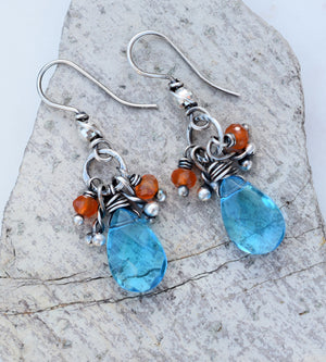 Emotion. Teal + Orange Earrings. Boho Style Fashion. Fine Silver Jewelry. 64191