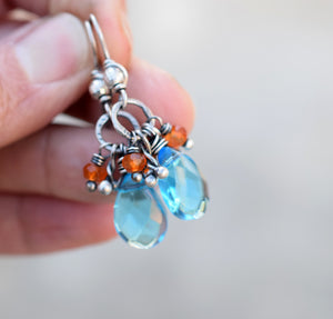 Emotion. Teal + Orange Earrings. Boho Style Fashion. Fine Silver Jewelry. 64191