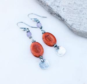 Orange + Lavender Amethyst Boho Style Earrings. Handmade Jewelry. 