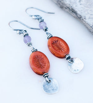 Orange + Lavender Amethyst Boho Style Earrings. Handmade Jewelry. 