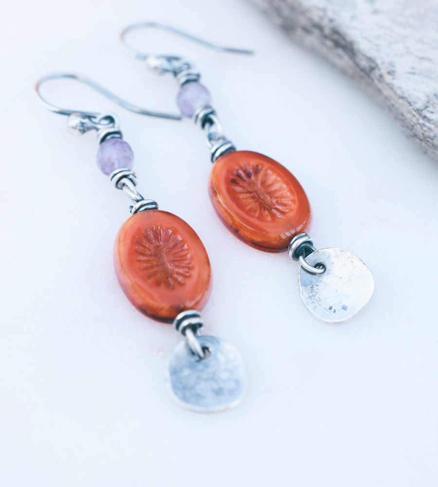 Orange + Lavender Amethyst Boho Style Earrings. Handmade Jewelry. 