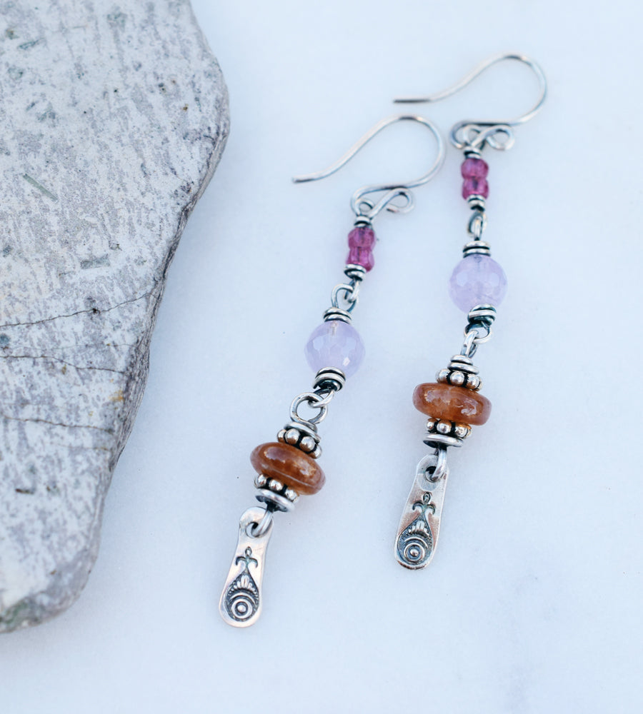 Boho Blessing. Amethyst Sunstone Earrings. Fine Silver Bohemian Jewelry. 62393