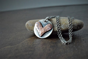 Handcrafted Heart Necklace. Mom Jewelry. Pure Copper. Sterling Silver. Artisan Crafted Jewelry. Rustic Heart. Love.