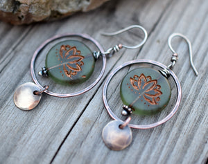 Green Lotus Flower Beaded Hoops. Handmade Bohemian Style Jewelry. 