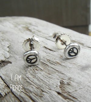 peace sign earrings. handmade silver nugget post earrings. by Cindy's Art and Soul Jewlry. Boho style jewelry. 