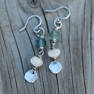 Moonstone Earrings. Blue Gemstone Dangle. Silver Nugget Earrings. 82916B