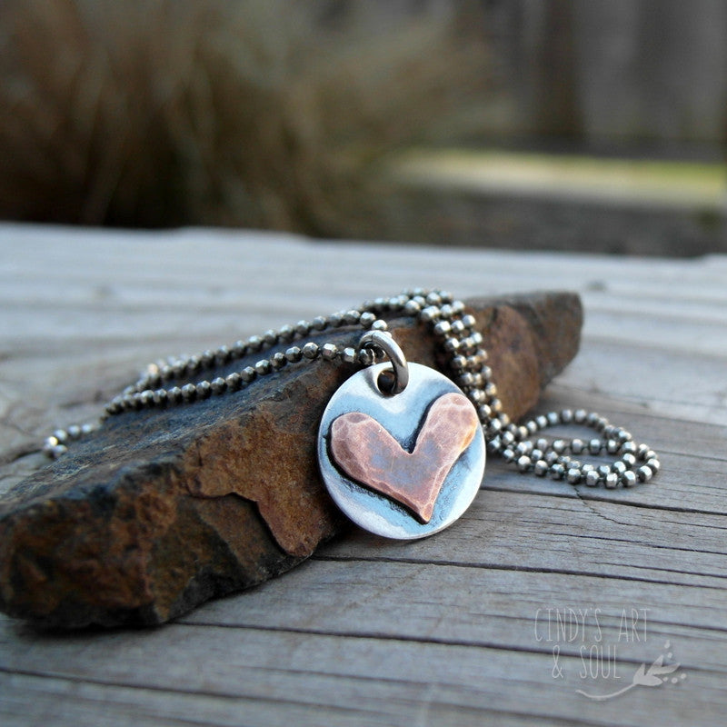 Handcrafted Heart Necklace. Mom Jewelry. Pure Copper. Sterling Silver. Artisan Crafted Jewelry. Rustic Heart. Love.