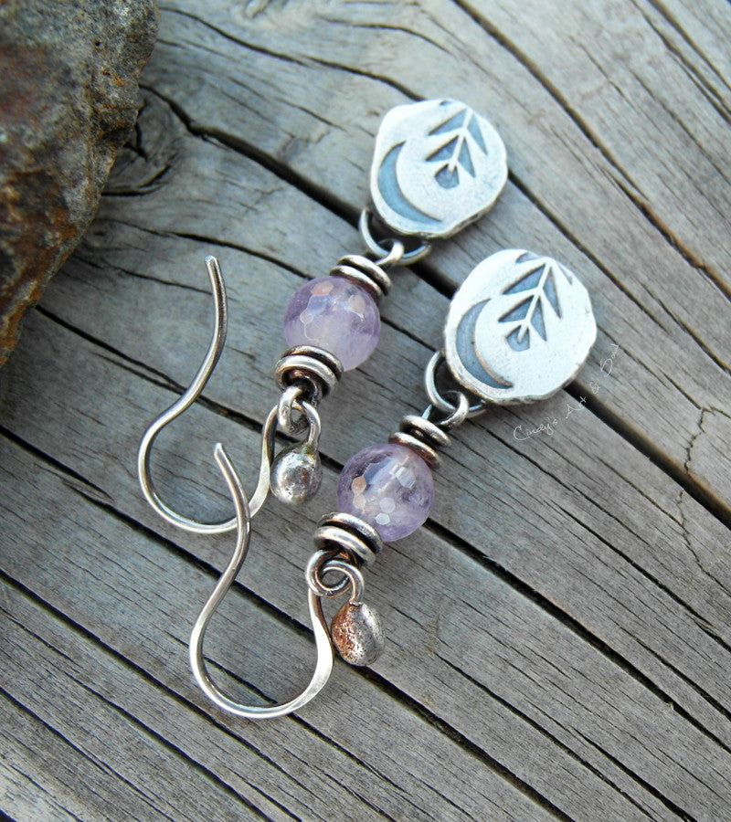 Amethyst Gemstone Earrings. Silver Nugget Moon Dangles. 32701