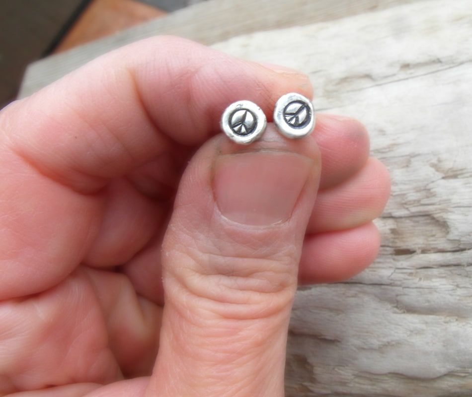 peace sign earrings. handmade silver nugget post earrings. by Cindy's Art and Soul Jewlry. Boho style jewelry. 