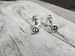 peace sign earrings. handmade silver nugget post earrings. by Cindy's Art and Soul Jewlry. Boho style jewelry. 