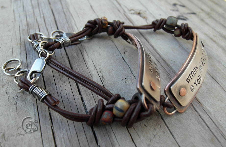 Personalized Metal and Vegan Leather Cord Bracelet. Inspirational Jewelry.