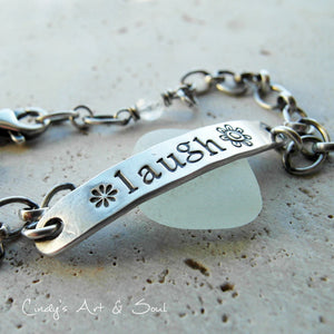 Hand stamped Laugh bracelet. All silver and moonstone gemstone bracelet. 