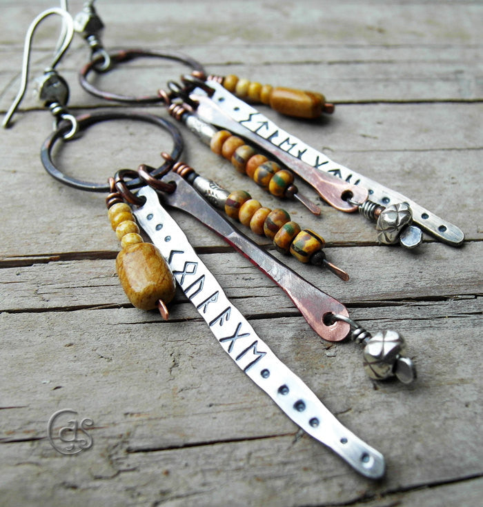 Earthy Bohemian Rune Earrings Strength Courage